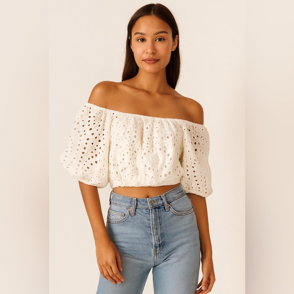 Zara  | Cream Eyelet Off-Shoulder Cropped Blouse